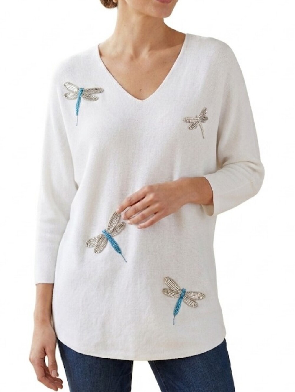 Liv Milano White V-Neck Sweater with Beaded Dragonfly Embellishments Size 1X